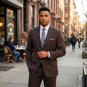 New 2026 Mens 2pc Brown on Light Brown Pinstripes Suit Set, Modern Fit